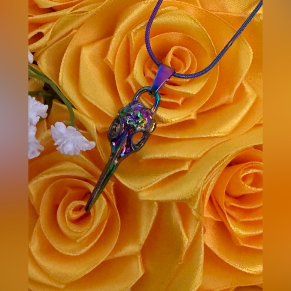 Rainbow Color Crow Raven Head Bird Skull Pendant Necklace Snake Chain Handmade